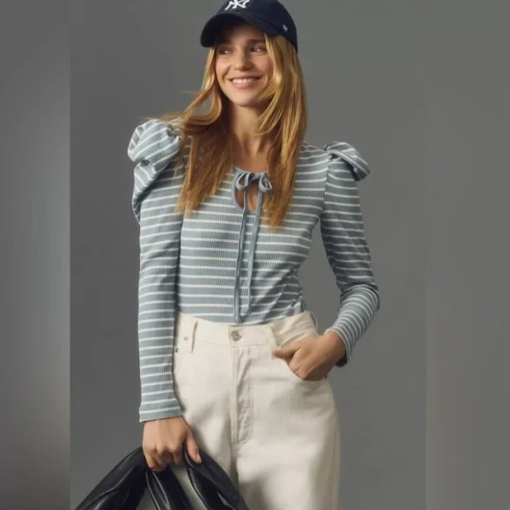 Anthropologie Striped Blue Dusk Preppy Top - Picture 2 of 3